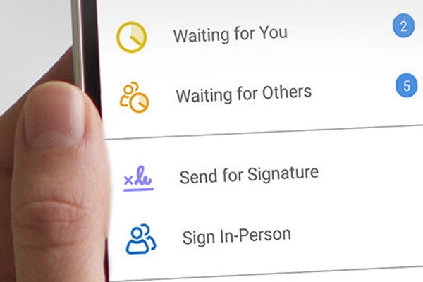 Hand holding smart phone with document mgmt solutions displayed.